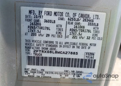 1998 Ford F-150 Lariat/Xl/Xlt from USA, damaged, VIN 2FTRX08L8WCA27885